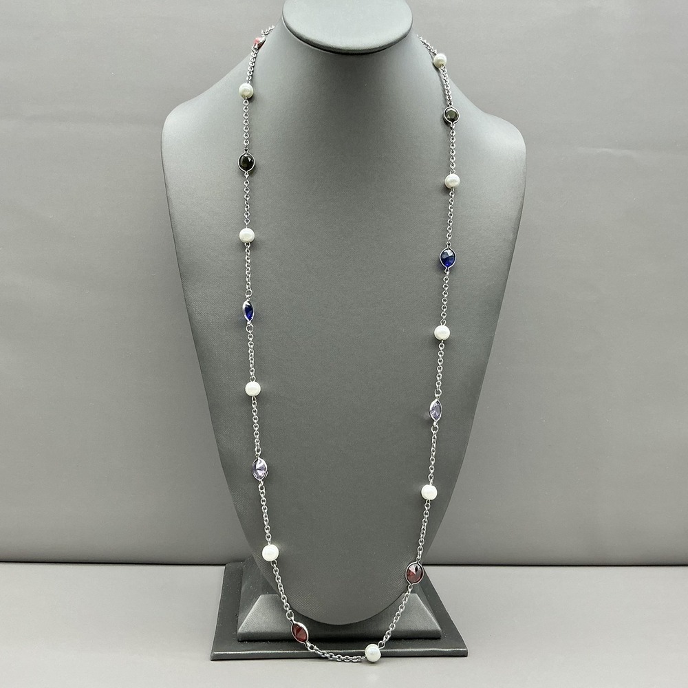 Chaps Necklace Station Faux Pearl Glass Bead Silver Tone Chain Lobster Clasp